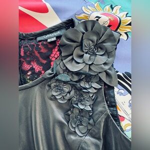 NWOT Lamarque Leather Black Sleeveless Top with Floral Detail and Lace back
